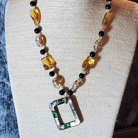 Lampwork Glass Black Amber Clear Geometric Pendant Handcrafted Necklace - Picture 4 of 12
